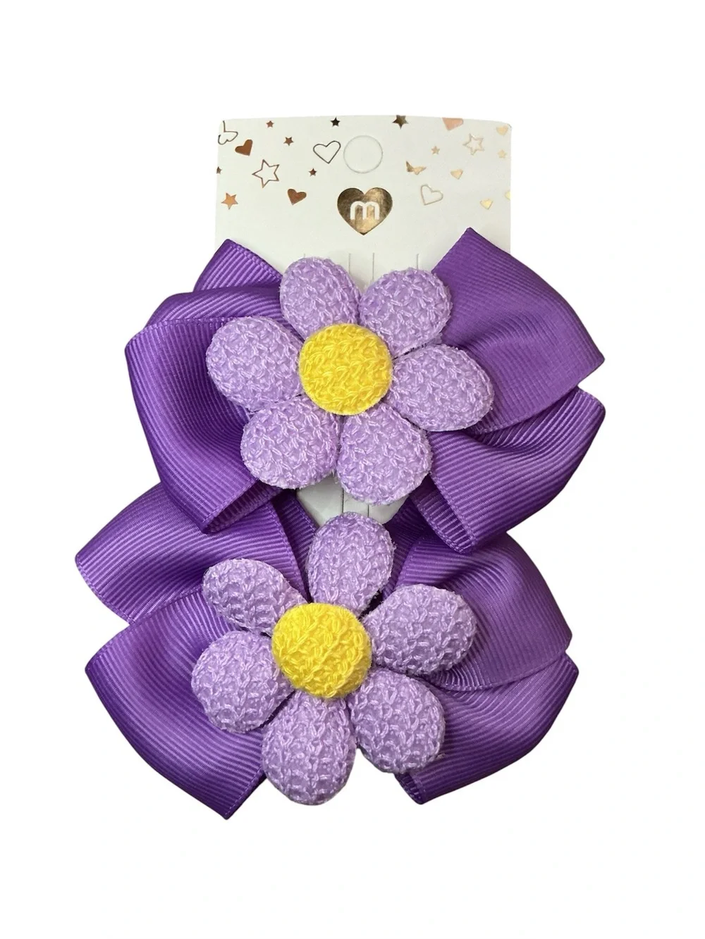 Purple Flower Bow Hair Clips - Set of 2 New On Card